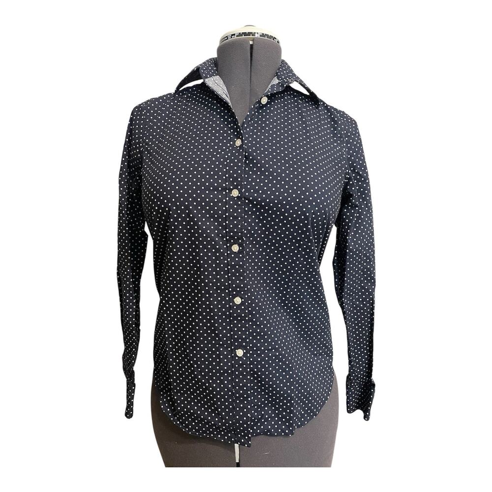 Lauren Ralph Lauren Non Iron Button Up Shirt Blouse Size Small Blue Polka Dots